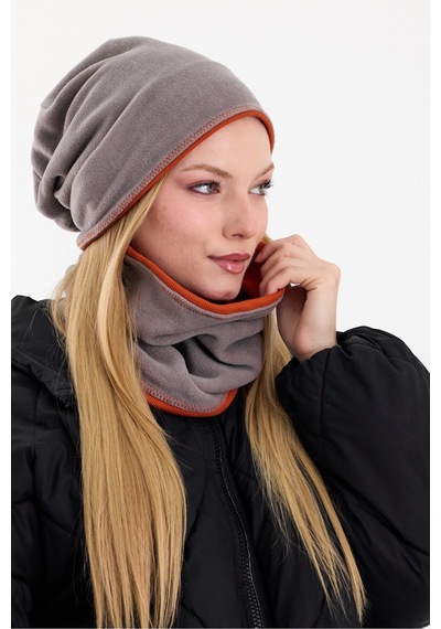 Butikgiz Kadın Dış Kısım Polar, İç Kısım Kaşkorse Pamuklu, Çift Renk, Çift Kat, Katlanabilir Bere Boyunluk Set Gri-kiremit