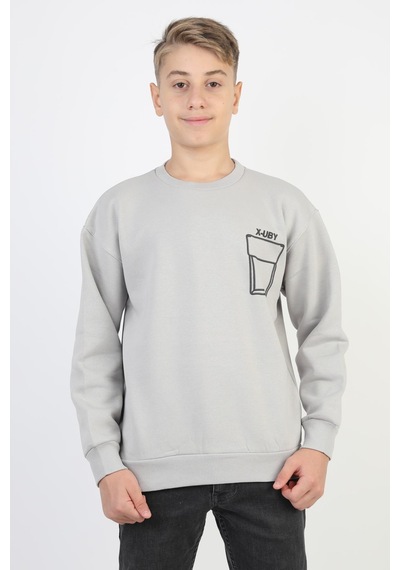 Baskı Detaylı Bisiklet Yaka Erkek Çocuk Sweatshirt-90910 Gri
