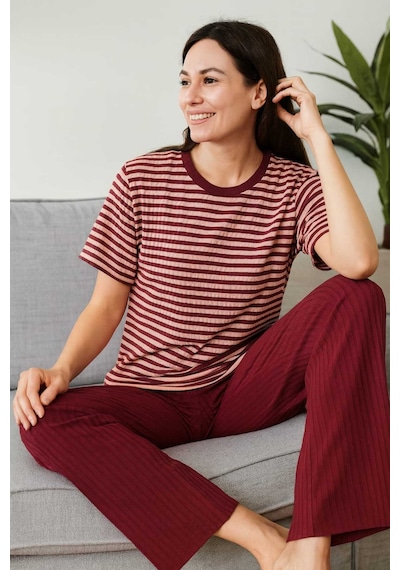 Tenra Kadın Pijama Takımı Kısa Kollu %100 Pamuk Bordo