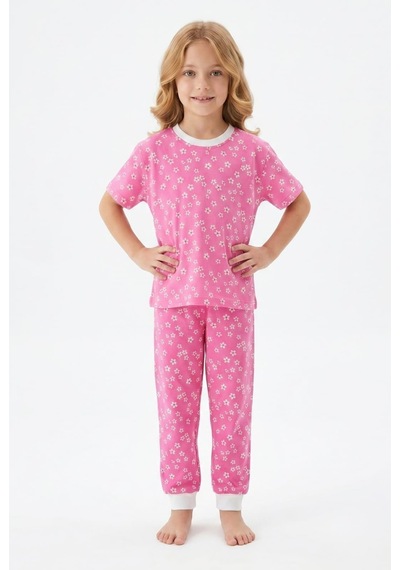 Bunny Hopp Kız Çocuk Pijama Takımı %100 Pamuk Çiçek Desenli Yazlık Kısa Kollu Fuşya