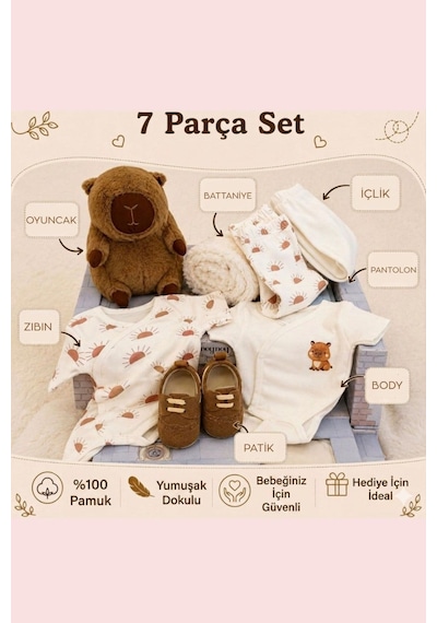 Cantoy Peluş Oyuncaklı 7 Parça Lüks %100 Pamuklu Hediyelik Hastane Çıkışı - Zıbın Seti Kahverengi