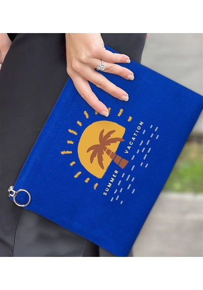 Bk Gift Yaz Temalı-6 Astarlı Mavi Portföy Çanta 30x21cm, Baskılı El Çantası, Organizer Çanta