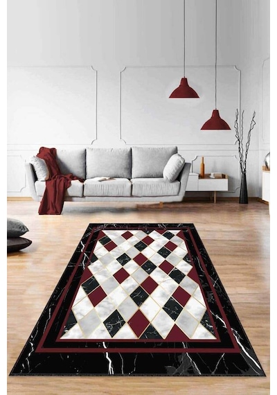 Bordo Geometrik Kaymaz Taban Makinede Yıkanabilir Halı Rv143n11