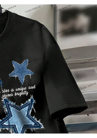 Flood Of Style Yıldız Baskılı Oversize Kalıp Unisex T-shirt Siyah