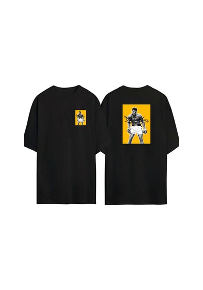Thewert Unisex Muhammed Ali Yellow Ön Arka Baskılı Sıyah Oversize T-shirt Siyah