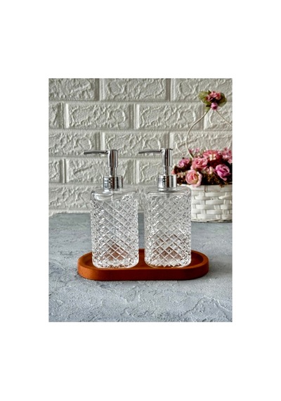 Ahşap Standlı 2 Li Cam 500 Ml Gri Başlıklı Sıvı Sabun Bulaşık Deterjan Şişesi Sabunluk Set Şeffaf Şeffaf