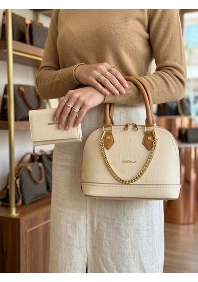 Just Polo Kadın Zincir Detaylı Lüks El & Omuz Çantası Ve Cüzdanı Kombin Shopper Ebat : 25x22 Cm Krem - Camel