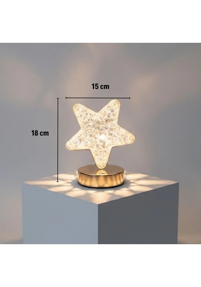 Yıldız Model Kristal Led Masa Lambası Dokunmatik, 3 Renk Işık Modlu, Şarjlı Mini Dekoratif Gece La Çok Renkli