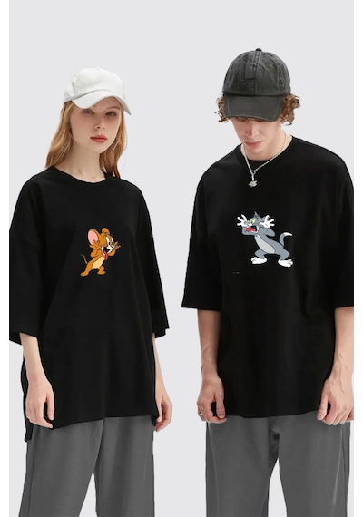 Unisex Kadın Erkek Tom Ve Jerry Baskılı Sevgili Çift Kombini Tasarım Oversize T-shirt 2'li Set Siyah Mck1959 Siyah