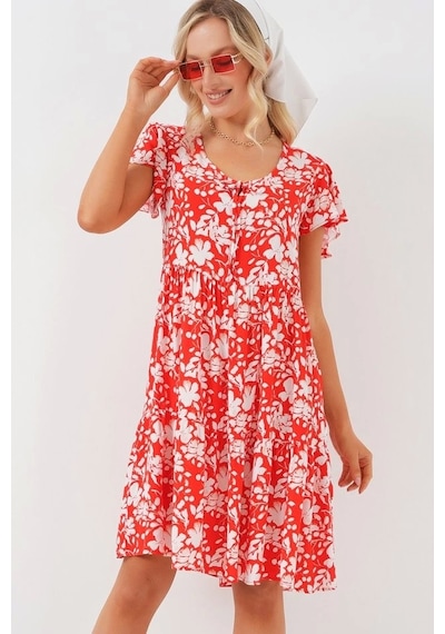 Defymoda 2352 V Yaka Kısa Elbise - Kırmızı Kırmızı