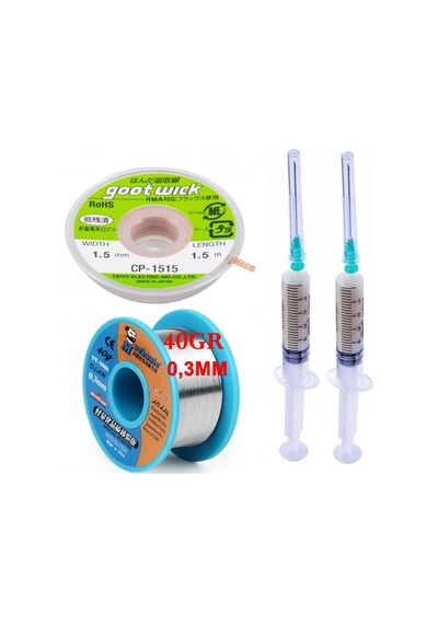 Dörtlü Set Flux,lehim Emme Fitili 1,5mm Ve Mechanic Lehim Teli 40gr 0,3mm X01