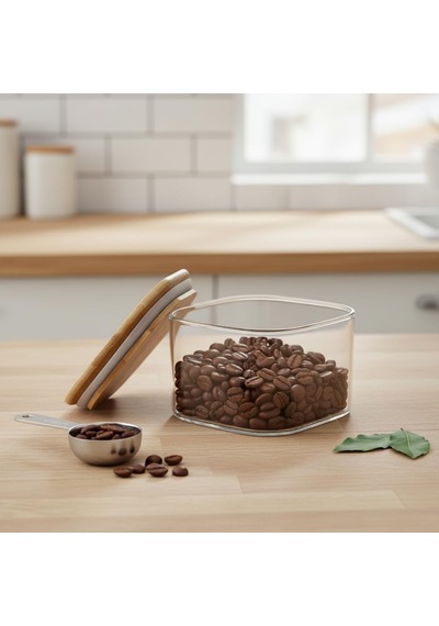400 Ml Bambu Kapaklı Kare Cam Saklama Kabı - Dikey Çizgili Rölyef Desenli Vakumlu Kahvaltılık Ve Erzak Kabı 10x10x6 Cm Çok Renkli