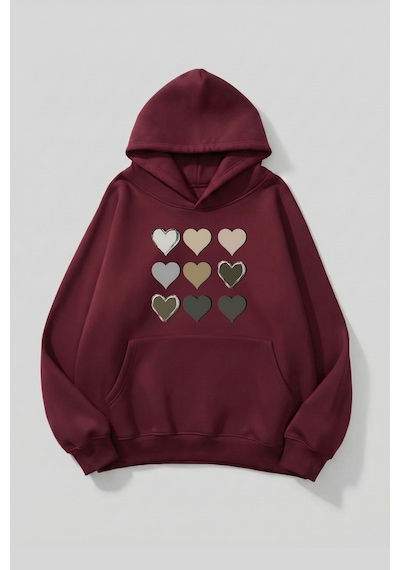 Uyguntarz Unisex Yumuşak Dokulu 9'lu Kalp Baskılı Tasarım Oversize 3 İplik Hoodie Sweatshirt Bordo