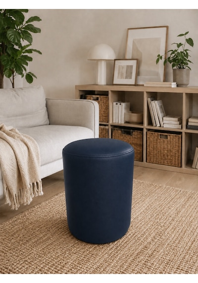 Lacivert Deri Puf 40x45 Cm Silindir Tasarım Dekoratif Oturma Pufu Salon Yatak Odası Antre