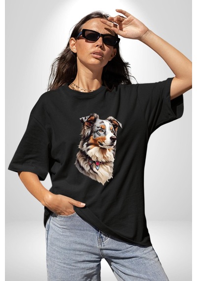 Australian Shepherd Köpek Pamuklu Bisiklet Yaka Unisex Oversize Boyfriend Dijital Baskılı Siyah T-shirt Siyah
