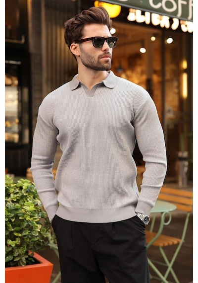 Madmext Gri Polo Yaka Dokulu Erkek Triko Kazak E7511 Gri/beyaz
