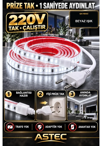 Astec Yapışkanlı 10 Metre Beyaz 220v Silikonlu Şerit Led Yüksek Güç Tak Çalıştır İç Dış Mekân Su Geçirmez