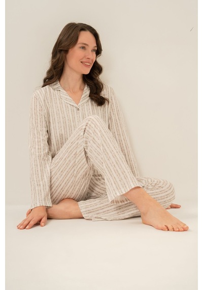 Arnetta Kadın Kahverengi Çizgili Gömlek Pijama Takımı Ar3780-s-v2 Ar3780-s-v2