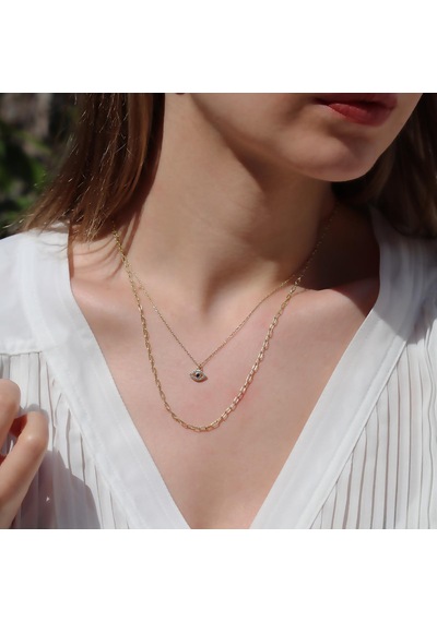 Göz Modeli 2 Zincirli Gold Kaplama Trend Gümüş Kolye Gümüş