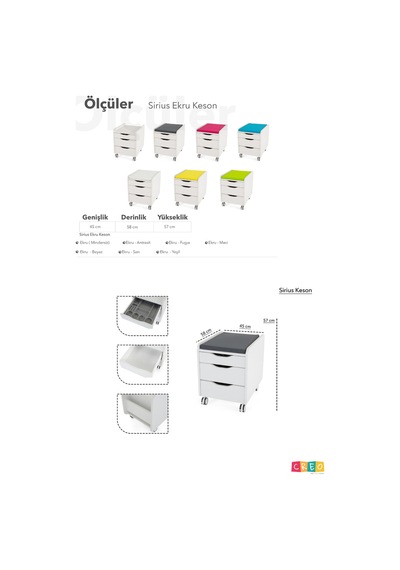 Creo Mobili Çekmeceli Tekerlekli Sirius Keson, Oturulabilir Ofis Ve Ev Komodini, Ekru/beyaz