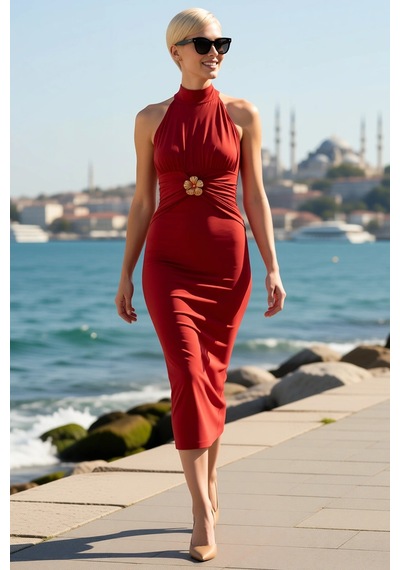 Benerly Kadın Halter Yaka Kolsuz Bodycon Midi Elbise Aksesuar Detaylı Ast Kiremit
