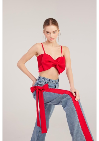 Holly Lolly Kurdele Görünümlü Crop Jazmin Bluz Kırmızı