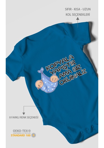 Morivokids Kopyala Yapıştır, Ama Yazılı Kısa Kollu Bebek Body %100 Pamuk Koyu Mavi