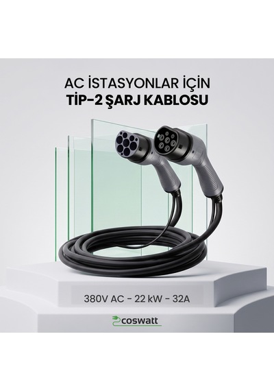 Coswatt Elektrikli Araç Tip-2 Şarj Kablosu 22kW / 32A / 5 Metre / 380V AC / Tip-2 / IEC 62196