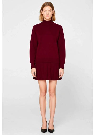 Benerly Kadın Oversize Reglan Kollu Dik Yaka Pileli Etek Kazak Takımı Rah bordo