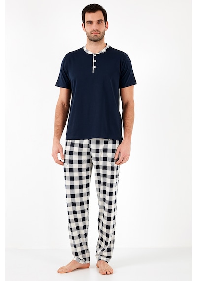 Buratti Ekoseli Pamuklu Regular Fit Kısa Kollu Erkek Pijama Takımı 60961007 Lacivert-Beyaz