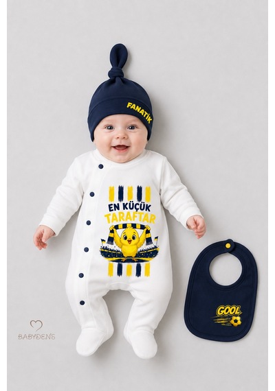 Babyden's Sarı Lacivert Taraftar Temalı 3'lü Bebek Tulum Seti %100 Pamuk En Küçük Taraftar Baskılı Yenidoğan Bebek Tulum Seti
