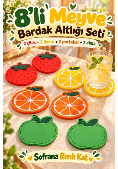 8'li Meyve Desenli Bardak Altlığı Seti Çilek Limon Portakal Elma Kahve Fincan Altlığı Masa Aksesuarı Çok Renkli