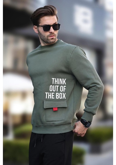 Madmext Haki Bisiklet Yaka Şardonlu Cep Detaylı Baskılı Erkek Sweatshirt 7061 Haki