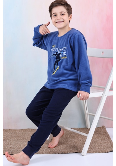 Yeni Sezon Sonbahar/kış Erkek Çocuk Skate Desenli Polar Pijama Takımı 4515 Mavi