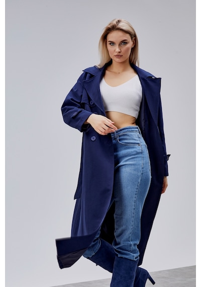 Oversize Rüzgarlık Detaylı Trençkot Lacivert