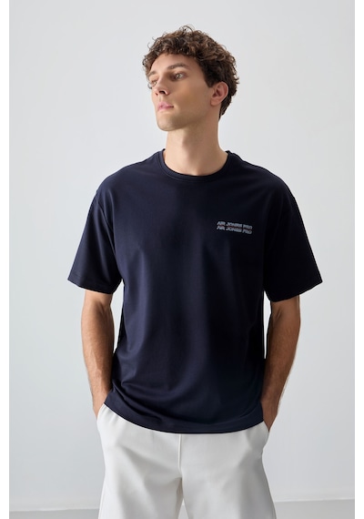 Air Jones Tommy Life Lacivert Pamuklu Kalın Yumuşak Dokulu Oversize Fit Baskılı Erkek T-shirt - 88375 Lacivert