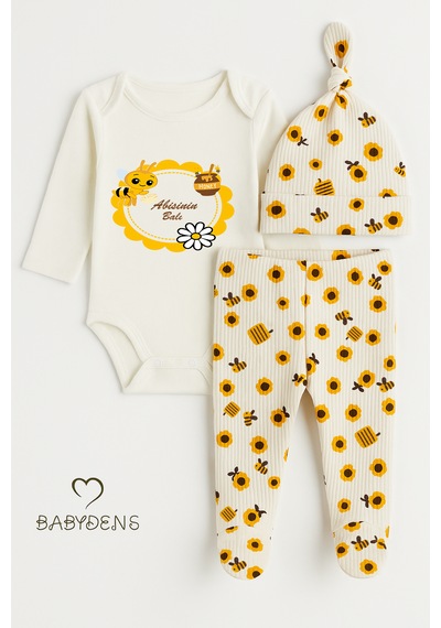 Babyden's Abisinin Balı Baskılı Yenidoğan Bebek Takımı 3 Lü Set Pamuklu Uzun Kol Zıbın, Patikli Alt Ve Şapka Unisex Ekru