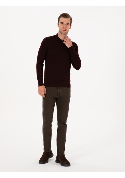 Cacharel Bordo Slim Fit Yün Karışımlı Polo Yaka Basic Triko Kazak Kırmızı