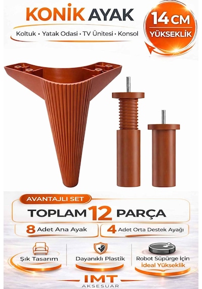 İmt Aksesuar Konik 14 Cm Ceviz Mobilya 12 'li Set Robot Süpürgeye Uyumlu Koltuk Tv Ünitesi Konsol Ayağı Kahverengi
