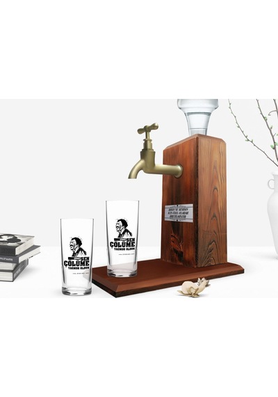 Kişiye Özel Renkli Baskılı Çünkü Sen Çölüme Yağmur Oldun Tasarımlı İkili Rakı Bardağı Ve Ahşap Rakı Standı Hediye Seti-9 Sarı