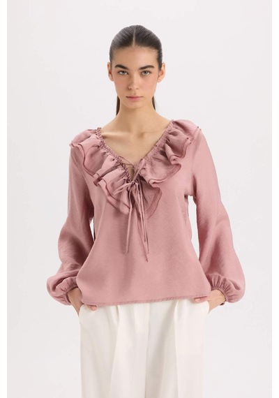 DeFacto Regular Fit Fırfırlı V Yaka Basic Düz Uzun Kollu Bluz E3393AX24WNPN429 Pembe