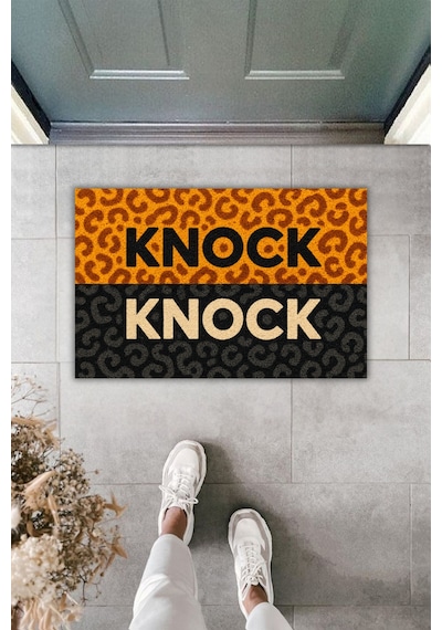 Rugmood Knock Çift Renk Leopar Desenli Modern Kapı Önü Paspası Kaymaz Taban Dijital Baskılı Paspas 70x45 Cm Turuncu