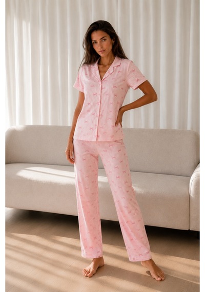 Kadın Loose Uzun Paça Pamuk Pembe Pijama Takımı