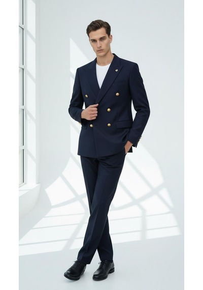 Plus Scorpion Gold Düğmeli Kruvaze Erkek Blazer Ceket Premium Kumaş, Slim Fit Şıklık Koyu Lacivert