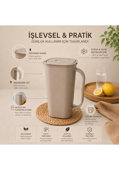 1700 Ml Sürahi, Sızdırmaz Kapaklı Bpa İçermez Buzdolabı Kapısına Uygun Ergonomik Saplı Soğuk Ve Sıcak İçec Diğer