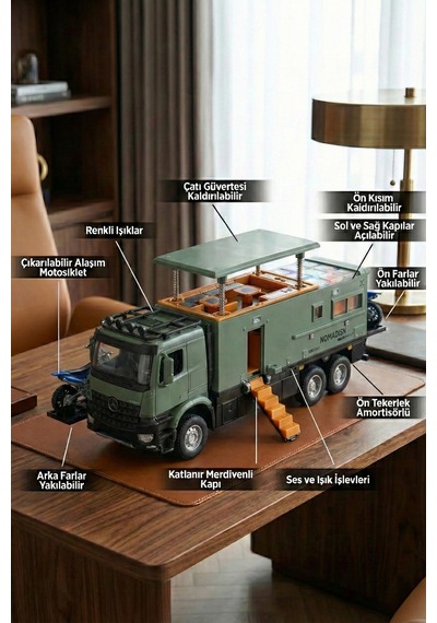 Motosikletli Karavan Kamyon Modeli - 23 Cm Sesli Işıklı, Açılabilir Tavanlı Çek Bırak Metal Kamp Oyuncağı