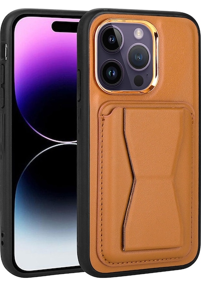 Kilifone - Apple Uyumlu iPhone 14 Pro - Kılıf Kart Bölmeli El Tutacaklı Stand Olan Pu Deri Memo Kapak - Kahve Açık