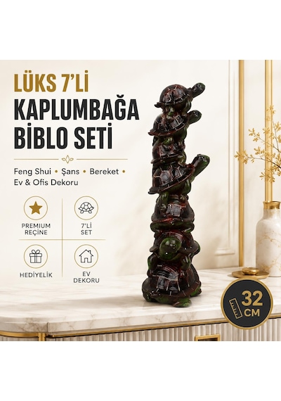 Lüks 7'li Kaplumbağa Biblo 32 Cm Feng Shui Şans Bereket Dekoratif Heykel Ev Ofis Hediyesi