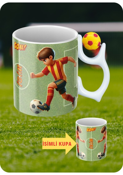 Sarı Kırmızı Futbol Toplu Sarı Kırmızı Forma Oyunculu Taraftar İsimli Baskılı Kupa Bardak Beyaz