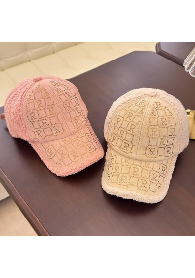 Valkyrie Peluş Şapka Kadın Pembe Renk Taş Detaylı Kışlık Şapka Ayarlanabilir Pembe Pembe